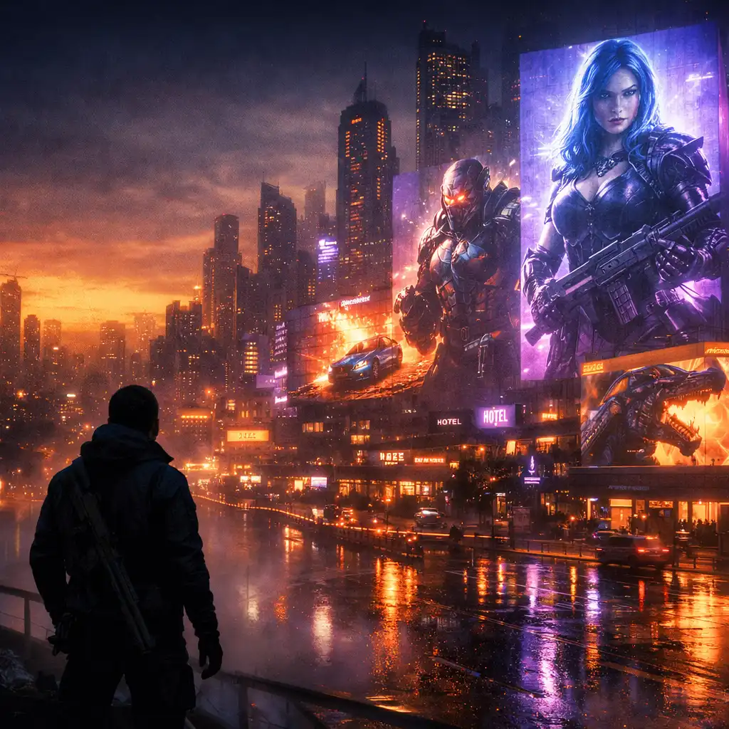 Futurisztikus város és gaming jelenet