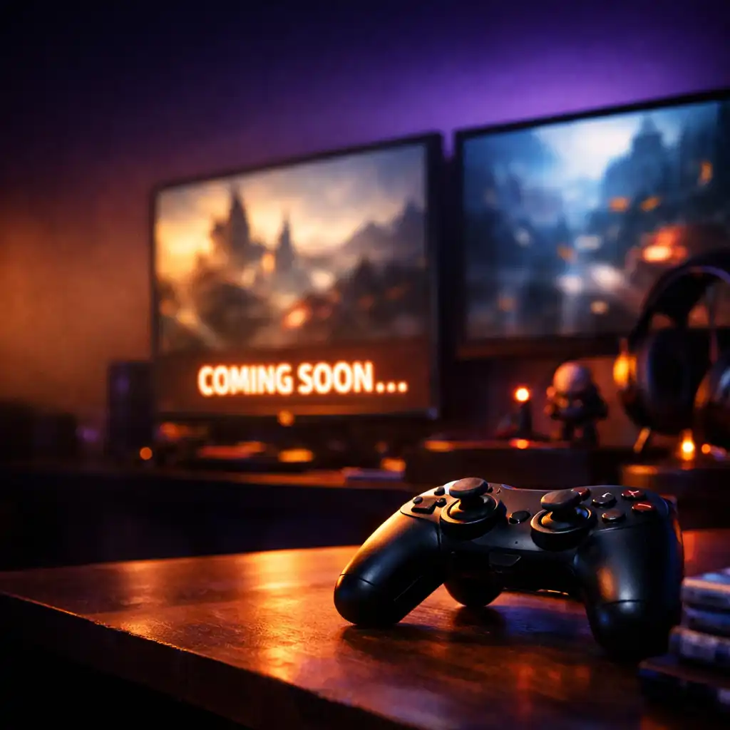 Közelgő játékmegjelenéseket jelző hangulatos gaming jelenet